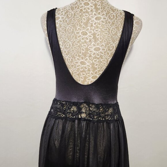 VTG Shadow Line Large Black Satin Nylon Lace Trim Slip Dress Nightwear Gothic - Picture 10 of 13
